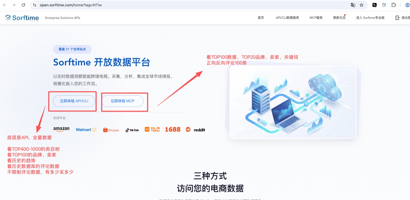 Sorftime 开放数据平台：API/CLI 与 MCP 两个入口